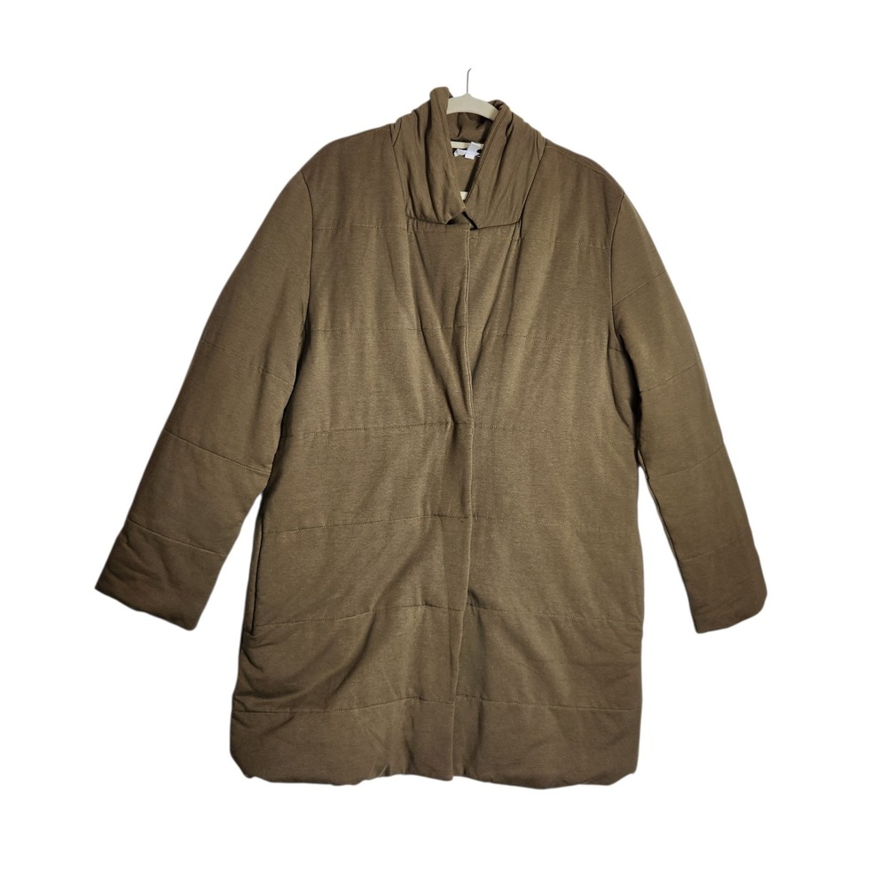 Garnet Hill Women Olive Brown Quilted Funnel Neck Jacket Coat Size L Cotton